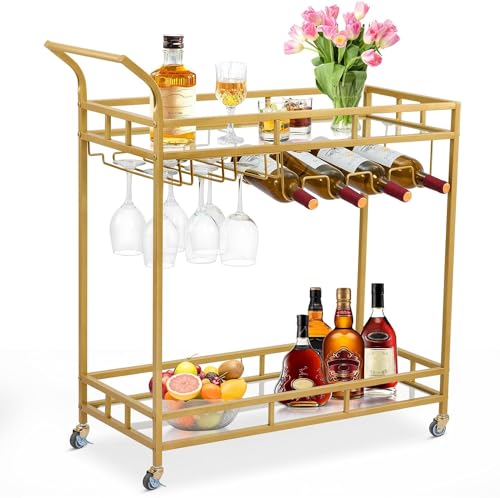 Garvee Large Gold Bar Serving Cart with 2 Mirrored Shelves & Wine Holders