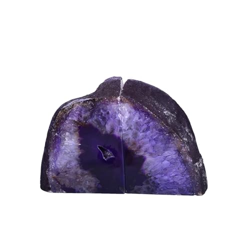 AMOYSTONE Agate Bookends Purple Decorative Stone Book Holders for Hardback Book or Cookbooks, Unique Stone Book Stoppers Bookends 4-5 LBS with Rubber