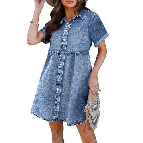 luvamia Women's Casual Short Sleeve Button Down Tiered Denim Babydoll Jean Dress X-Large Reef Blue