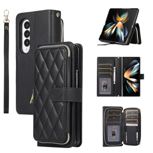 for Samsung Galaxy Z Fold 4 Zipper Wallet Case with Card Holder, 9 Card Slots Large Capacity and Multiple Style Lanyards.(Black) Black Samsung Galaxy