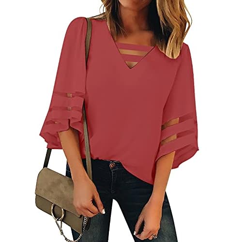 luvamia Women Casual Strappy V Neck Blouse 3-4 Bell Sleeve Mesh Panel Shirts Top Medium A Cranberry