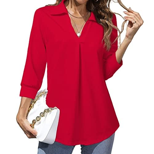Heat Move Women's 3-4 Sleeve Length Tops Collared V Neck Shirt Dressy Casual Business Blouses for Work Professional