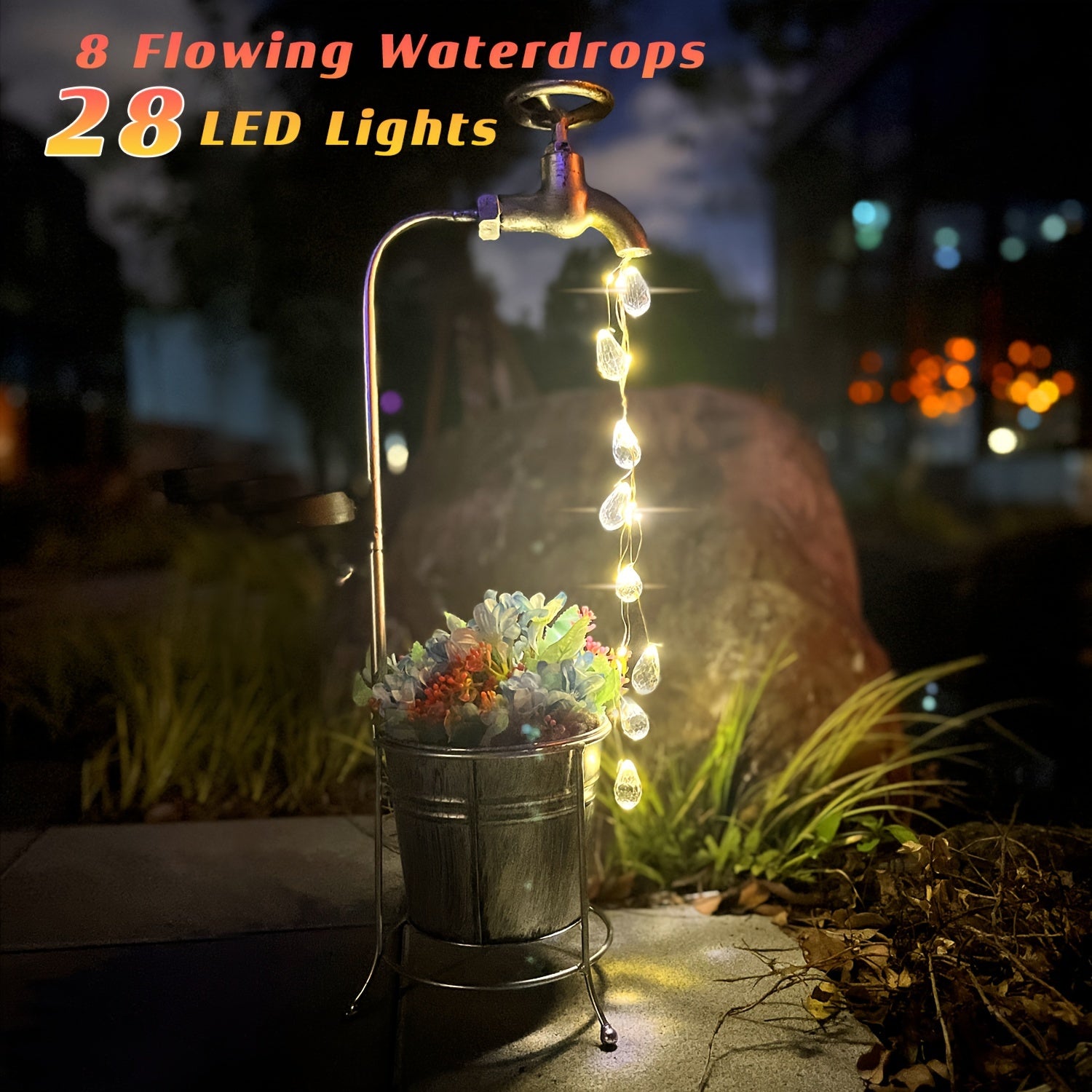 TEMU [solar Outdoor Light] Metal Solar Watering Garden Light Outdoor Waterproof Plant Stand, Led Faucet Stake With Planter Lights For Outside Decor,
