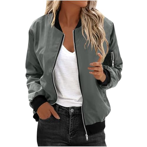 Womens Classic Fall Bomber Jacket, Lightweight Water-Resistant Flight Coat, Casual City Outerwear A01 Gray XX-Large