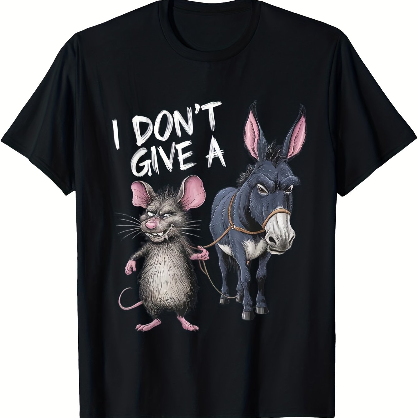 TEMU 2010s " Give A Rats " Graphic T-shirt For - Humorous Cartoon Mouse & Donkey Design, 220gsm Heavyweight Relaxed Fit Short Sleeve Tee, Black &