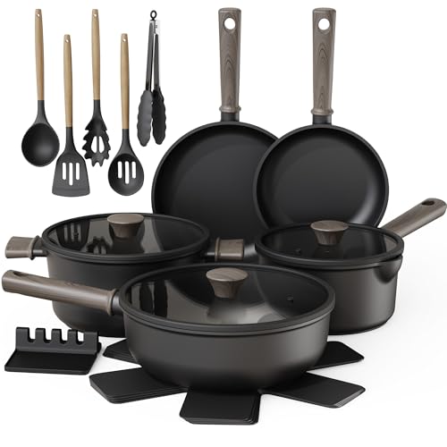 Astercook 18-Piece Pots and Pans Set, Nonstick Cookware Set with Elegant Wooden Handle, Oven Safe to 480°F, Induction Compatible, Camping and Picnic,
