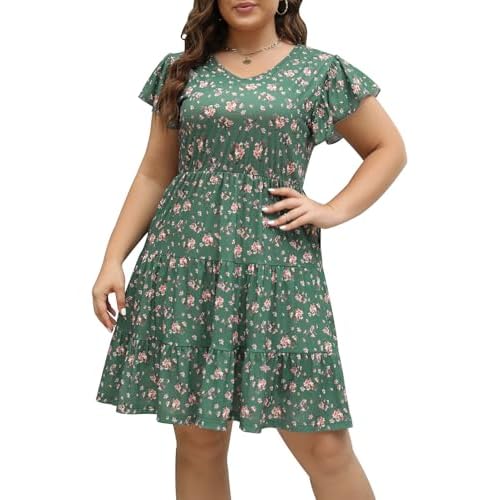 Celkuser Womens Plus Size Casual Summer Dresses Ruffle Sleeve Tiered Swing Midi Dress with Pockets 14 Plus Greenpink
