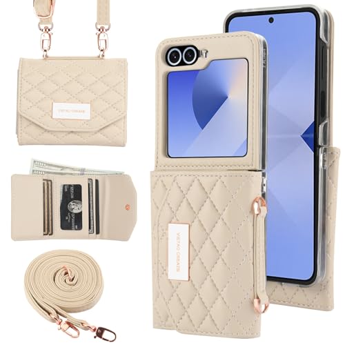 for Samsung Galaxy Z Flip 6 Wallet Case with Built-in Leather Cash Slot and Credit Card Holder, Adjustable Crossbody Strap, Hinge Protection for Women