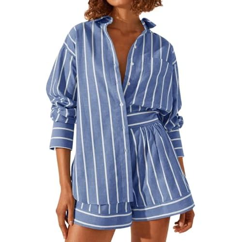 2 Piece Lounge Set For Women Striped Long Sleeve Button Down Shirt Shorts Outfits Tracksuit Blue Medium