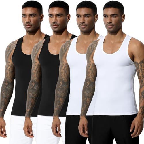 Arjen Kroos Men's Workout Tank Top 4 Pack Muscle Sleeveless Gym Shirts Activewear Slimming Vest Undershirts Black*2+white*2 Large