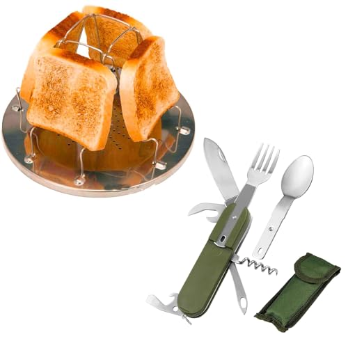 Folding Camp Stove Toaster & 7-in-1 Utensil Set – Portable Stainless Steel 4-Slice Toaster Rack, Fork, Spoon, Knife for Camping, Hiking, BBQ, Fishin