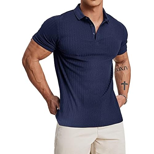 Muscle Cmdr Men's Cotton Muscle Shirts Slim Fit Business Casual Tee Long&Short Sleeve Ribbed Polo V Neck Shirt Medium Blue-Short