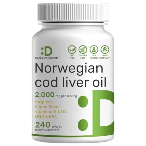 Wild Caught Cod Liver Oil 2,000mg Per Serving, 240 Softgels – Extra Strength EPA DHA Omega 3 with Vitamin D & A – Burpless, Lemon Flavored – Vis