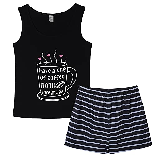VENTELAN Women Pajamas Cute Tank and Shorts Set Soft PJS Sleepwear Loungewear Small E-black