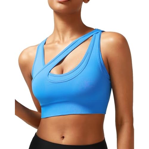 RUNNING GIRL Sports Bras for Women High Support,Seamless Ribbed Longline High Neck Sports Bra Racerback Padded Crop Top Yoga Small B-blue