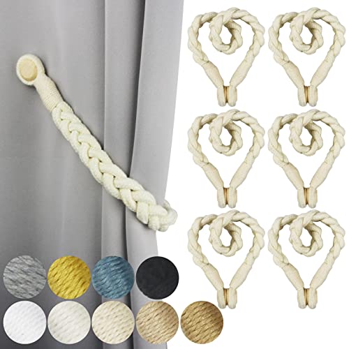 6 Pack Magnetic Soft Curtain Tiebacks Cotton Hand-Woven Tieback Holdback Home Decorative Tie Backs with Wooden Buckle for Home Office Decor (Beige, 6)
