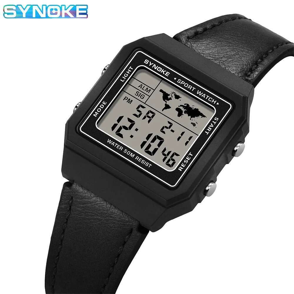 Men&#039;s Sports Plastic Case Leather Strap 50M Waterproof Multi-function Alarm Clock Chronograph Watch Brand