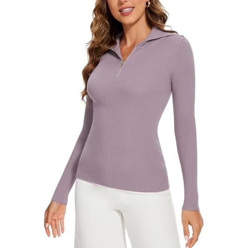 Women's 2024 Fall Quarter Zip Lapel V Neck Long Sleeve Ribbed Knit Casual Slim Pullover Sweater Tops Lightpurple X-Large