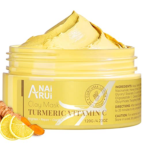 ANAI RUI Turmeric Vitamin C Clay Mask, Vitamin C Clay Facial Mask for Blackheads, Pores, Wrinkles, Fine Lines, Hydrating, Clarifying, Cleansing, Contr