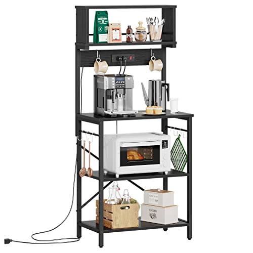 Bestier Bakers Rack with Power Outlets, Height Adjustable Microwave Stand, Kitchen Storage Shelf Rack with 8 S-Shaped Hooks, Coffee Bar Table 5 Tiers