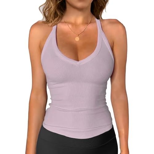 iGENJUN Womens Spaghetti Strap V-Neck Ribbed Tank Tops for Women 2025 Slim Fitted Soft Camisole Basic Layering Shirts Small Pink Lavender