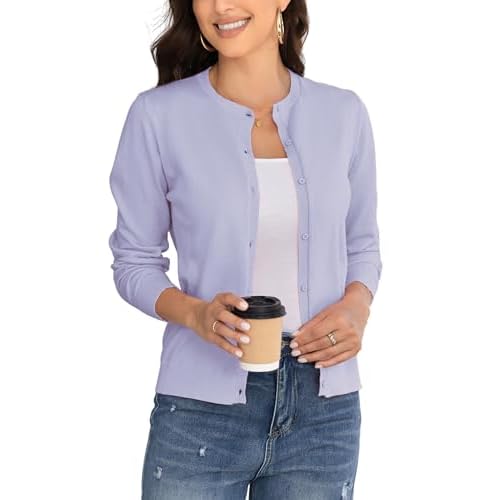 Women's Crew Neck Button Down Long Sleeve Cardigan for Women Classic Soft Knit Ladies Cardigan Sweater Coat XX-Large Light Purple