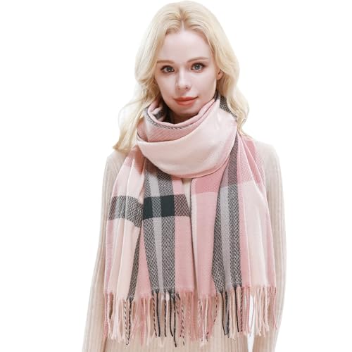 RIIQIICHY Plaid Scarf for Women Fall Winter Pashmina Scarves Wraps for Cold Weather Warm Large Pink-Pastel Pink-Grey