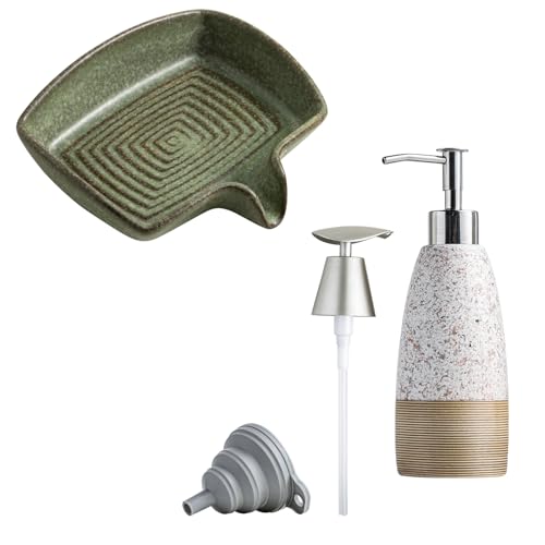 Soap Dish, Ceramic Drain Soap Holder & 12 oz Dish Soap Dispenser with 2 Pumps