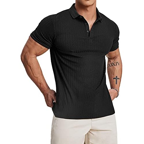 Muscle Cmdr Men's Cotton Muscle Shirts Slim Fit Business Casual Tee Long&Short Sleeve Ribbed Polo V Neck Shirt Small Black-Short