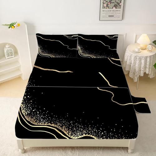 Marble Sheet Set: Black and Gold Marble Bedding Set Full-Queen Size for Girls Teens Women Men Kids Marbling Abstract Aesthetic Bedroom Bed - 1 Flat Sh