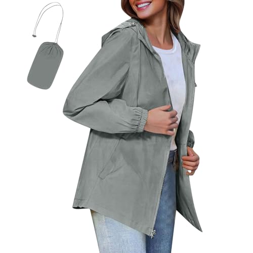 Womens Packable Rain Jacket Waterproof | Lightweight Hooded Windbreaker, Sleek Activewear for Travel & Outdoors A01 Gray Small