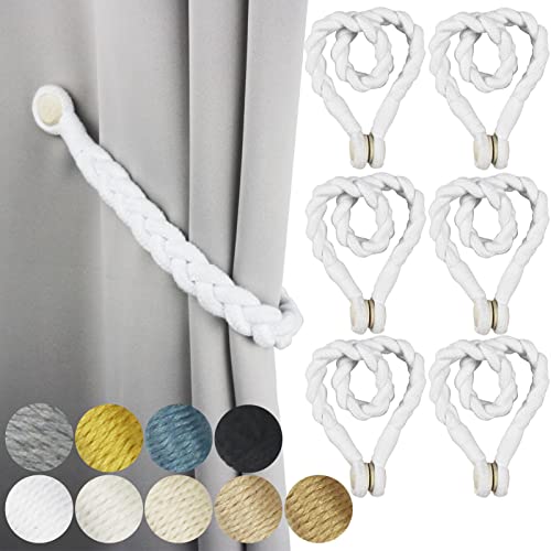 6 Pack Magnetic Soft Curtain Tiebacks Cotton Hand-Woven Tieback Holdback Home Decorative Tie Backs with Wooden Buckle for Home Office Decor (White, 6)