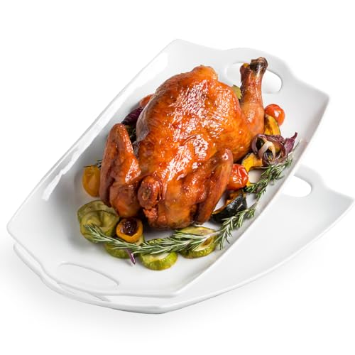 Serving Tray with Handles, Turkey Platters for Thanksgiving 16 inches Large Platters for Turkey Porcelain Serving Dish for Entertaining White Plates f