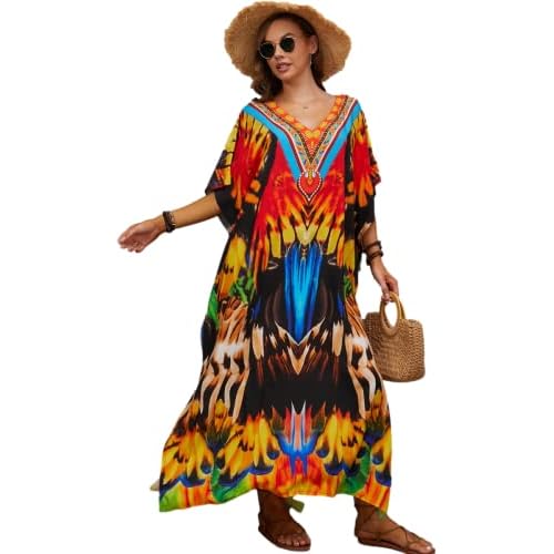 Swimsuit Cover Up Caftan Women's Vneck Flower Leopard Print Batwing Sleeve Side Split Kaftan Dresses B0