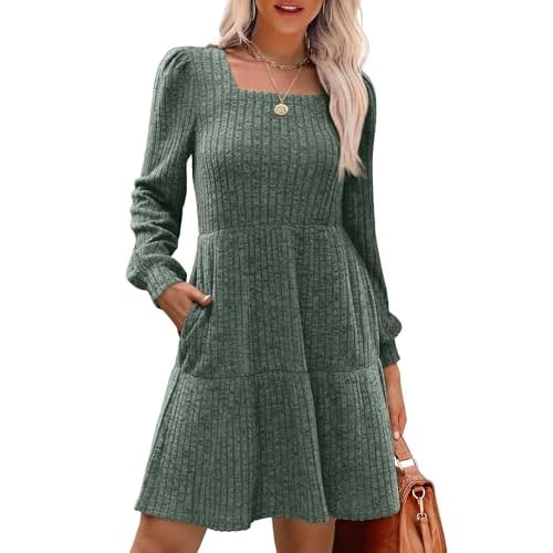 RanRui Womens Knitted Mini Dress riibbed Pleated Square Neck Long Sleeve Fall Dresses Casual Babydoll Ruffle Sweater Dress Green Large