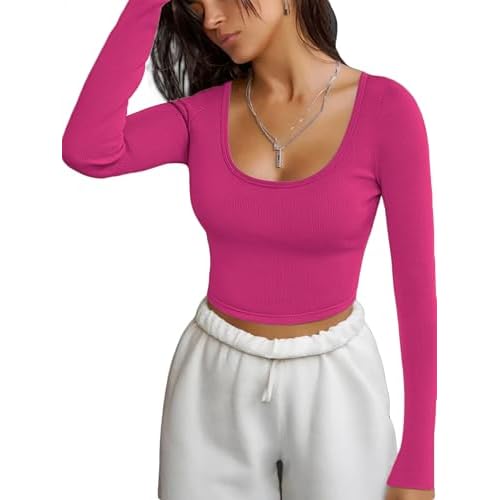 iGENJUN Long Sleeve Shirts for Women Ribbed Knit Tops Casual Basic Fitted Slim Cute Crop Tops Fall Outfits 2025 Medium Berry