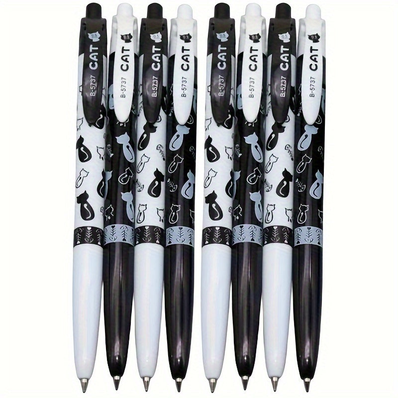 TEMU 8-pack-cute Cartoon Black And White Cat Ballpoint Pens - Blue, 0.5mm - Suitable For Study And Office Use - Plastic Material - Design -
