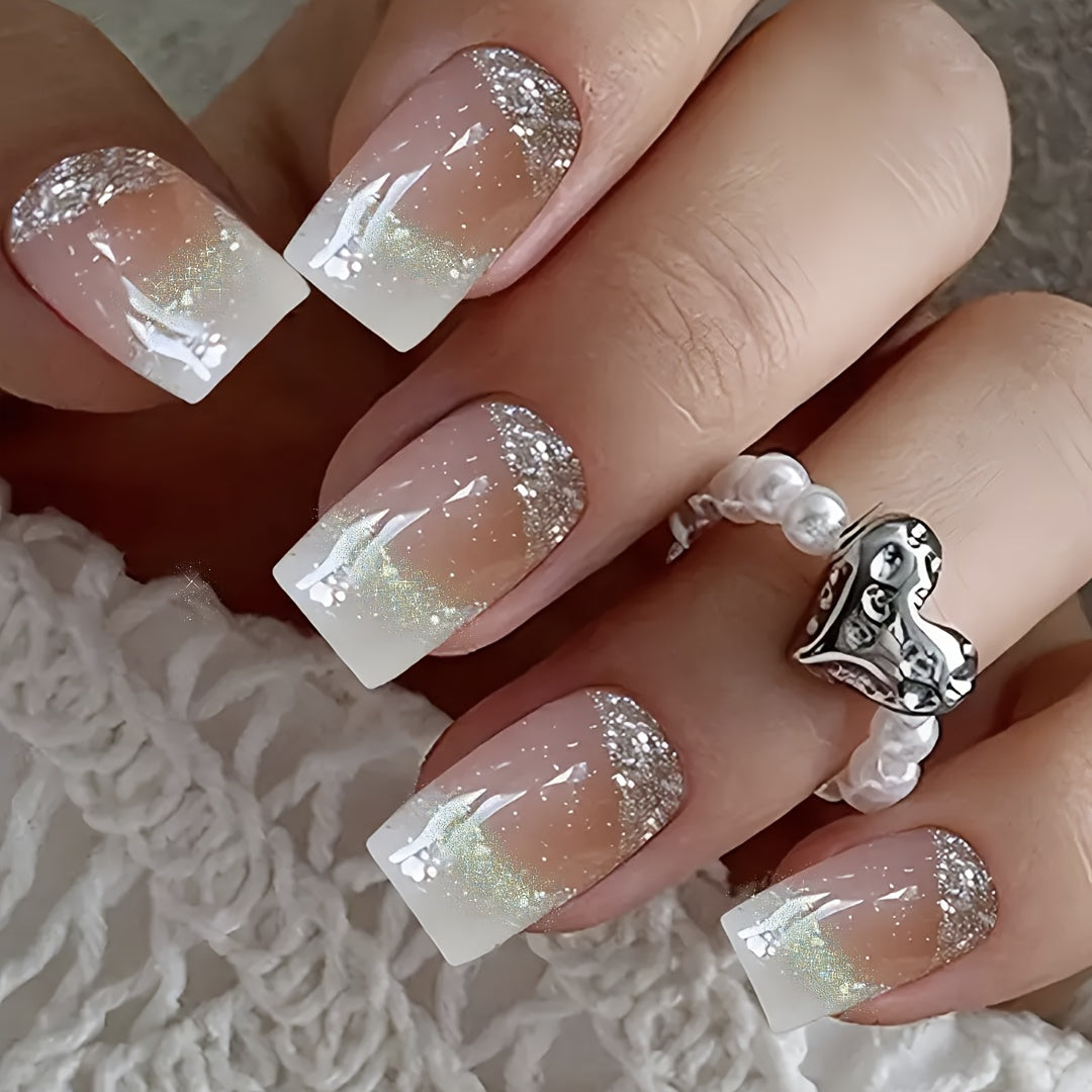 TEMU 24pcs Glossy French Manicure Press-on Nails With Glitter Gradient & Tips - Medium Length False Nails, Mixed For Diy Manicure, For Parties,