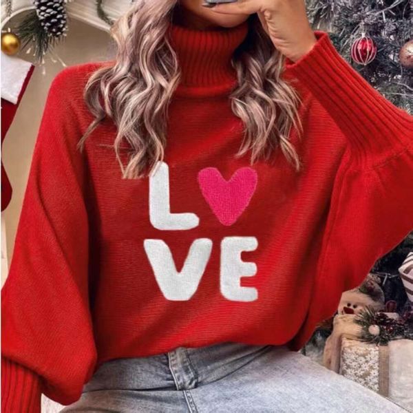 Valentine s Day LOVE Red High Collar Sweater Bat Sleeve Loose Head Knitted Top ddmytoys