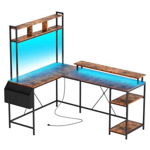Garvee L Shaped Computer Gaming Desk with LED Lights & Power Outlets, Reversible, Monitor Stand, Storage Shelves, Ergonomic, Easy Assembly, 67" Rustic