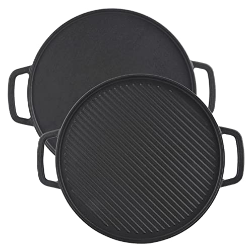 GasSaf Cast Iron Reversible Griddle with Handles, 12" Heavy Duty Double Sided Grill Pan Perfect for Stove Tops and Gas Grills dia.=12"