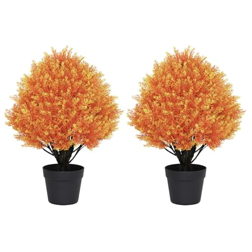 24" Faux Cedar Trees for Outdoor Planters, Set of 2 Artificial Topiary Ball Plants UV Resistant, Fake Orange Bushes & Shrubs for Front Porch, Patio, F