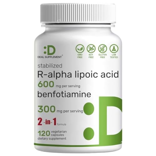 DEAL SUPPLEMENT R Alpha Lipoic Acid 600mg with Benfotiamine 300mg Per Serving, 120 Veggie Capsules – 200mg R-ALA Per Capsule – Antioxidant Supplem