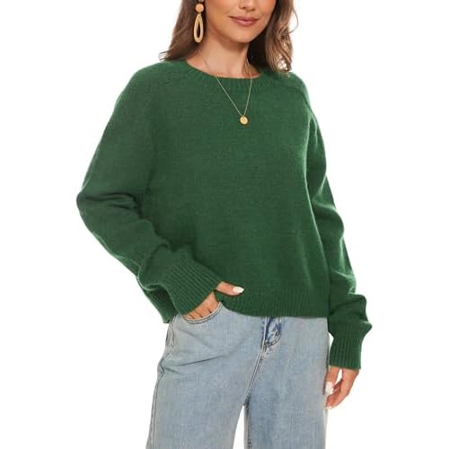 Women's Crew Neck Raglan Long Sleeve Sweaters 2024 Winter Fuzzy Knit Casual Ribbed Pullover Tops Green XX-Large