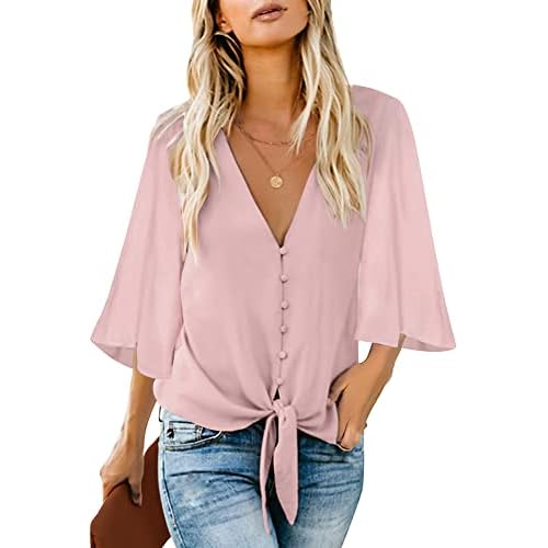 luvamia Women's Casual V Neck Tops 3-4 Sleeve Tie Knot Blouses Solid Button Down Shirts Large Cradle Pink