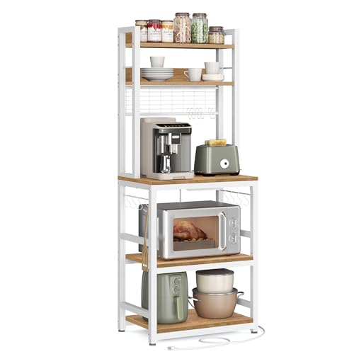 VASAGLE Hutch Bakers Rack with Power Outlet, 14 Hooks Microwave Stand, Adjustable Coffee Bar with Metal Wire Panel, Kitchen Storage Shelf, 15.7 x 23.6