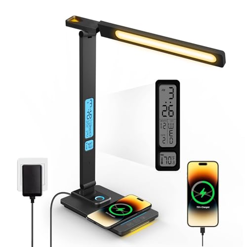 LED Desk Lamp with Wireless Charger: Desk Lamps for Home Office Bedroom, 5 Color Modes & Brightness Dimmable, 2 Night Light Black-Update