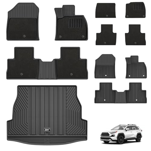 3W Floor Mats & Cargo Liner Fit for Toyota RAV4 2019-2024 2025 with Carpets on TOP TPE All Weather Custom Fit Floor Liners 1-2Rows and Trunk Mat Full
