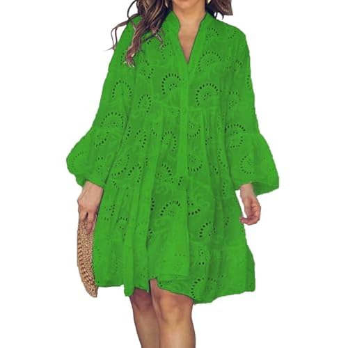 Women Summer Eyelet Lace Midi Dress V Neck Bell Sleeve Flowy Babydoll Casual Beach Dress Green Medium