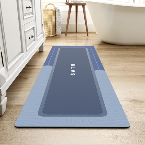 MontVoo-Bath Mat Rug Long Non Slip Super Absorbent Bathroom Runner Stain Resistant Quick Dry Thin Bathroom Mat Fit Under Door-17"x50",Navy Navy 17"x50
